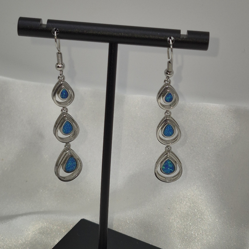 Beautiful & Shimmering!  Sterling Silver Marked Blue Opal Dangling Earrings.